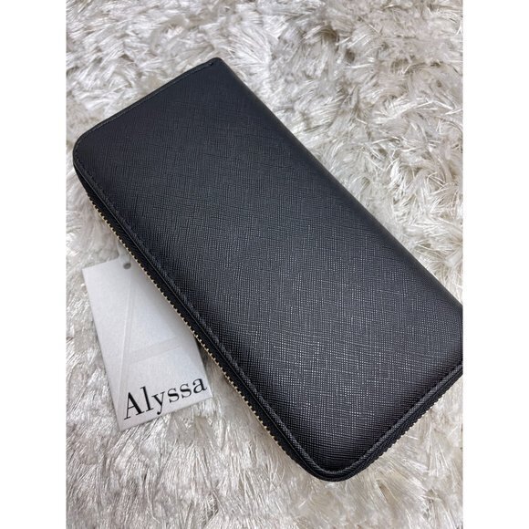 Alyssa Saffiano Material Double Zipper Black Wallet - Picture 7 of 12